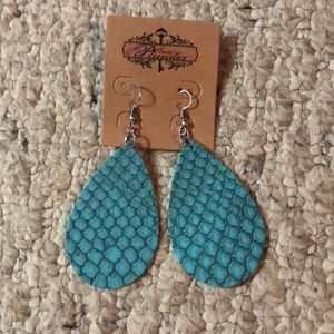 Teal leather plunder designs teardrop earring